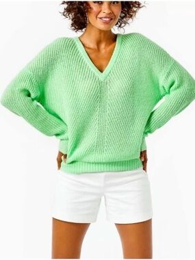 Lilly Pulitzer Kasmina Sweater Patina Green  Neon V neck Size M